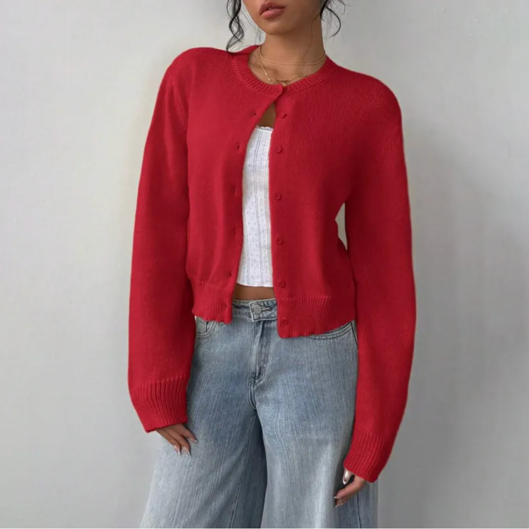 Gilet court en maille femme côtelé boutonné col rond 3