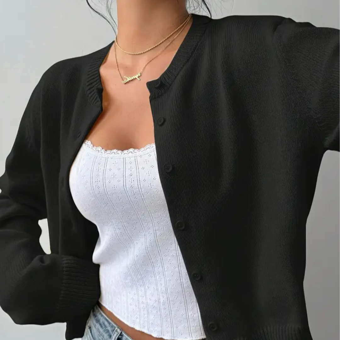 Gilet court en maille femme côtelé boutonné col rond 8