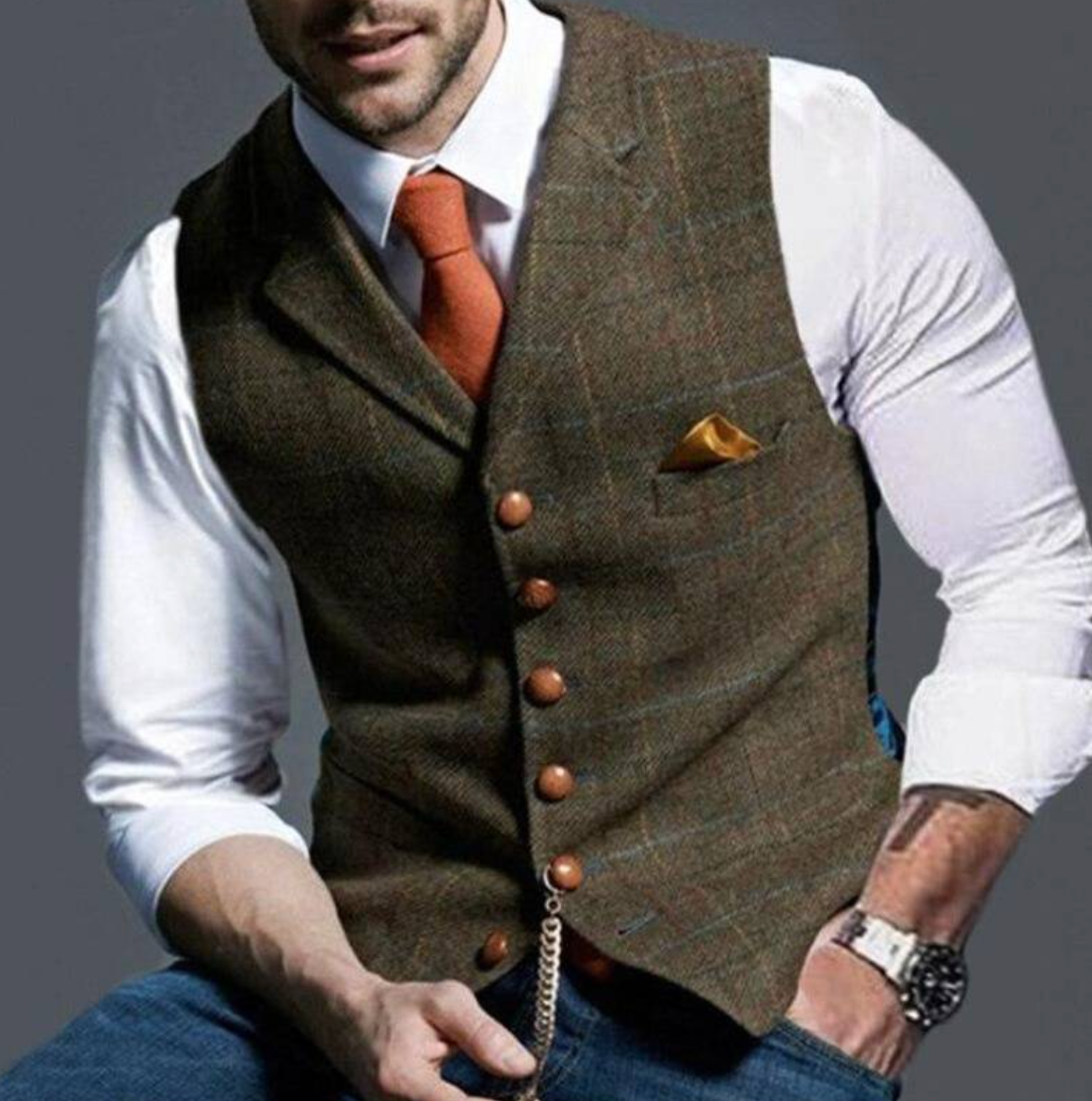 Gilet de costume homme à carreaux col en V boutonné 7