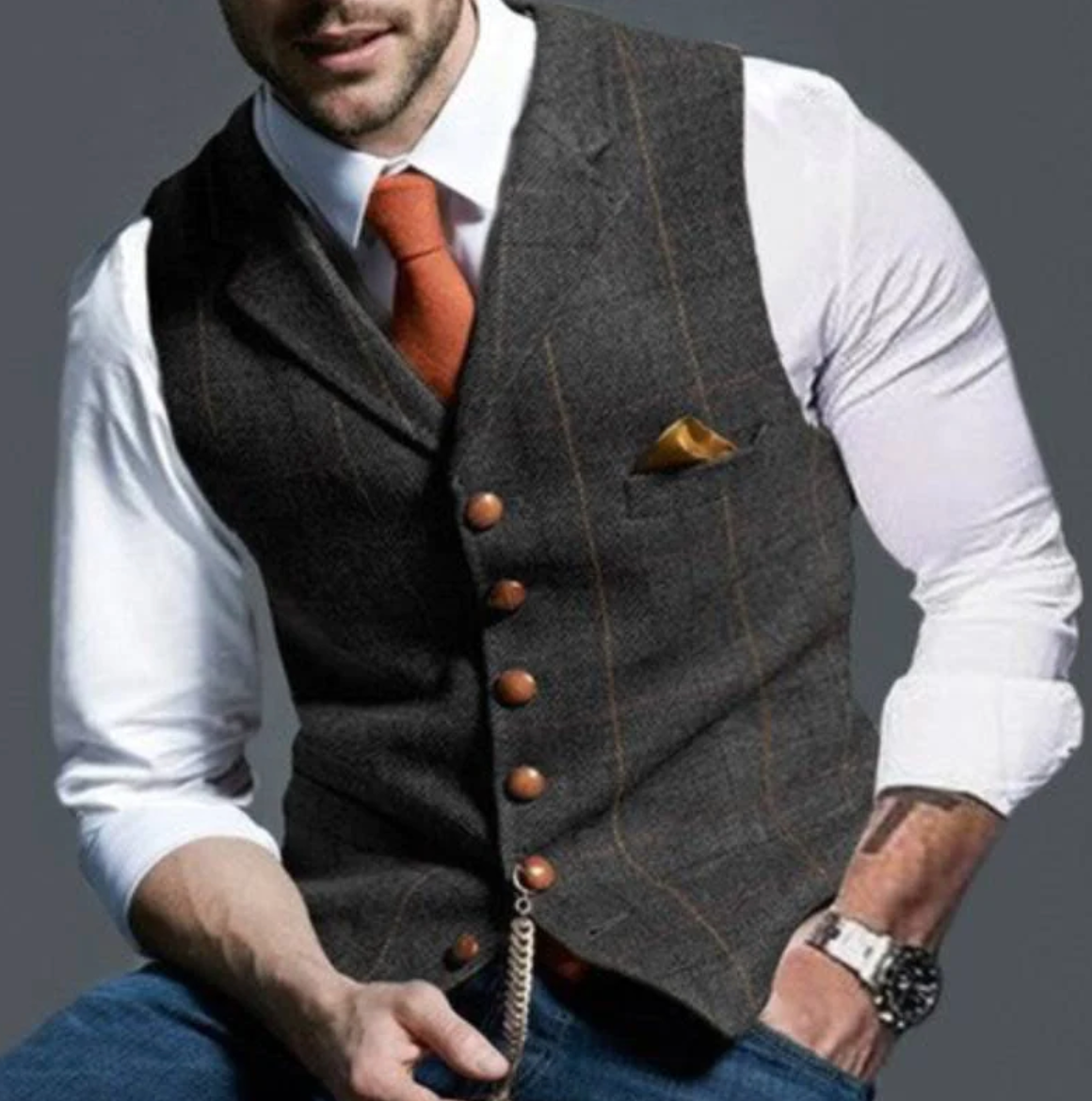 Gilet de costume homme à carreaux col en V boutonné 8