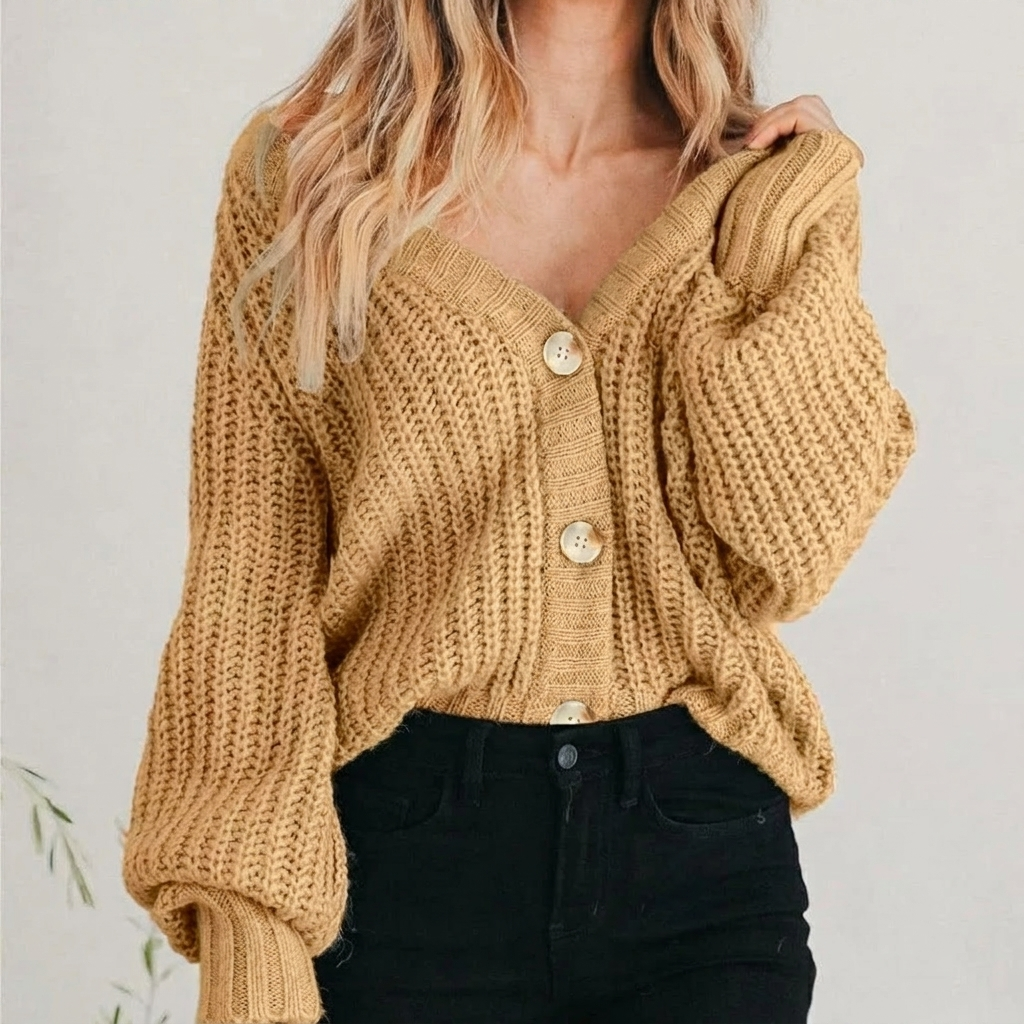 Gilet en grosse maille femme col V à manches ballon 1