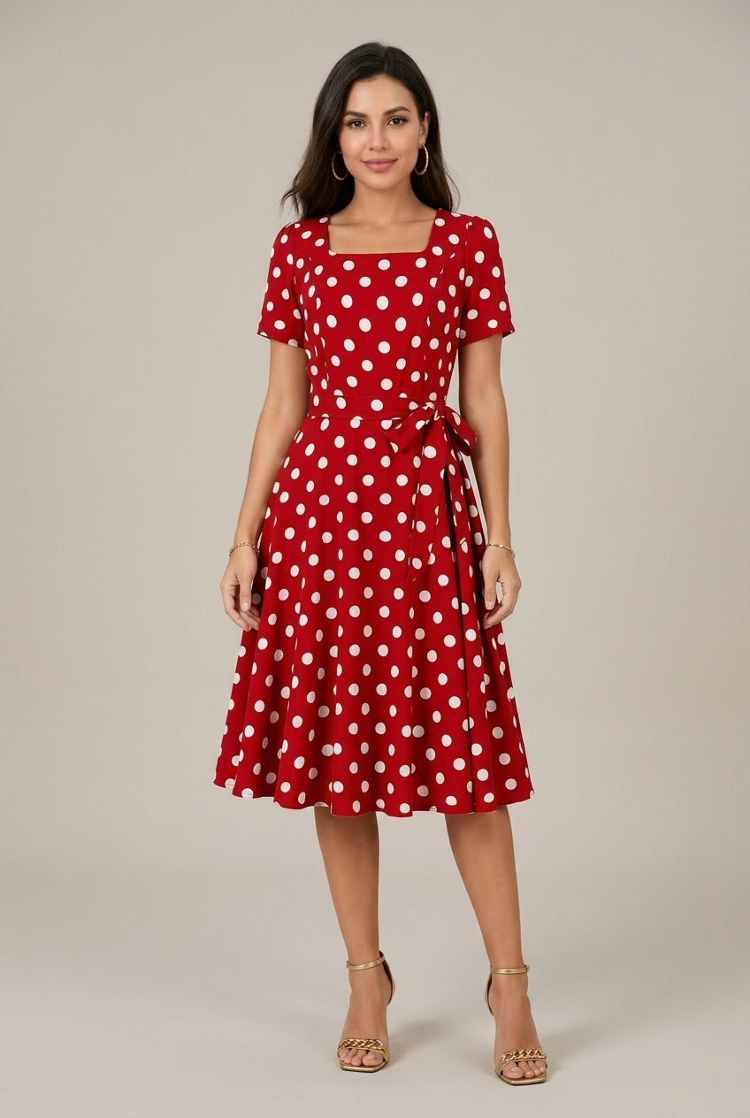 Solène – Robe midi portefeuille à pois, col carré et manches courtes femme