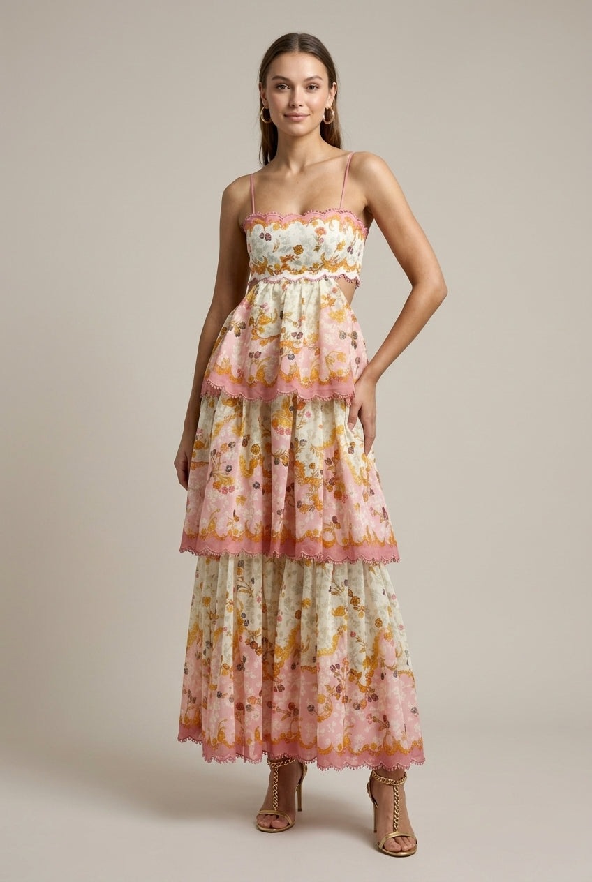 Domitille – Robe maxi sans manches à imprimé floral, bordure festonnée et jupe à étages femme