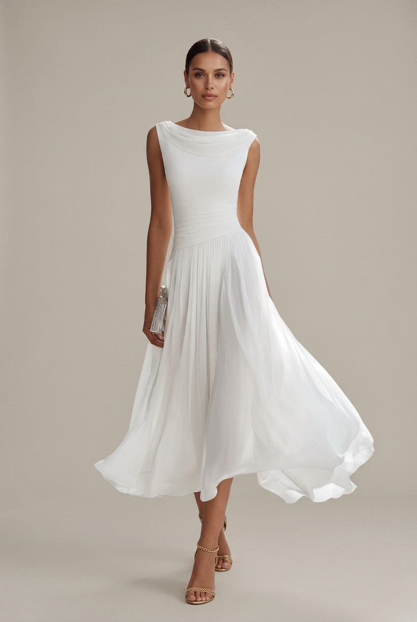 Océane – Robe midi sans manches à col drapé plissé femme