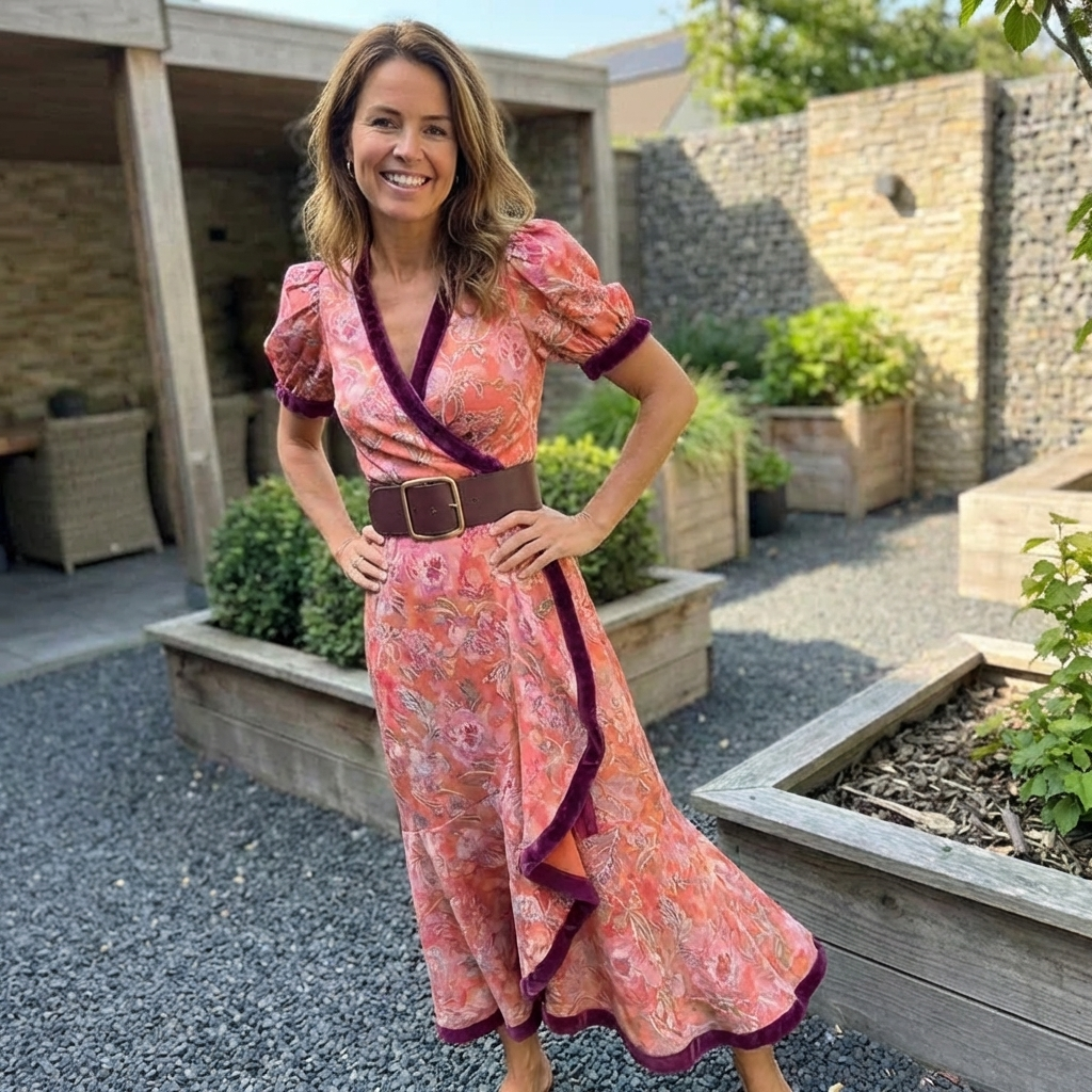 Robe longue fluide à manches courtes et taille cintrée