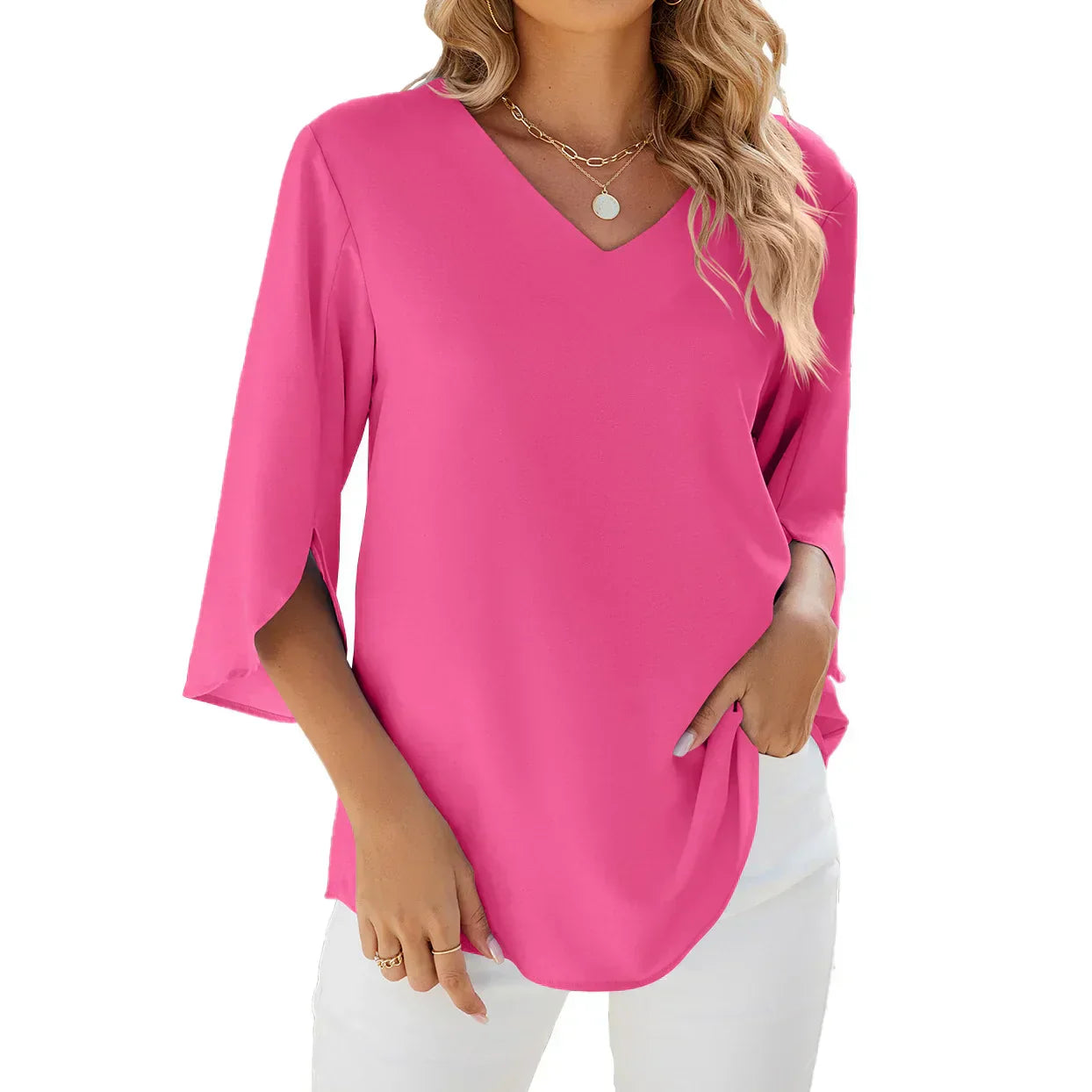Élina – Blouse d’été à col en V et manches trois-quarts femme