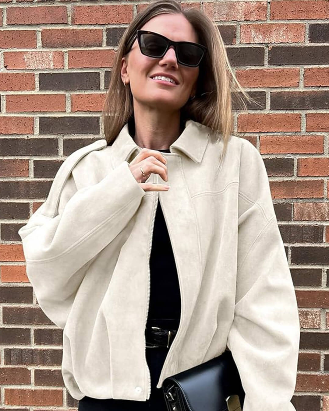 Veste bomber en suédine femme à col chemise coupe oversize
