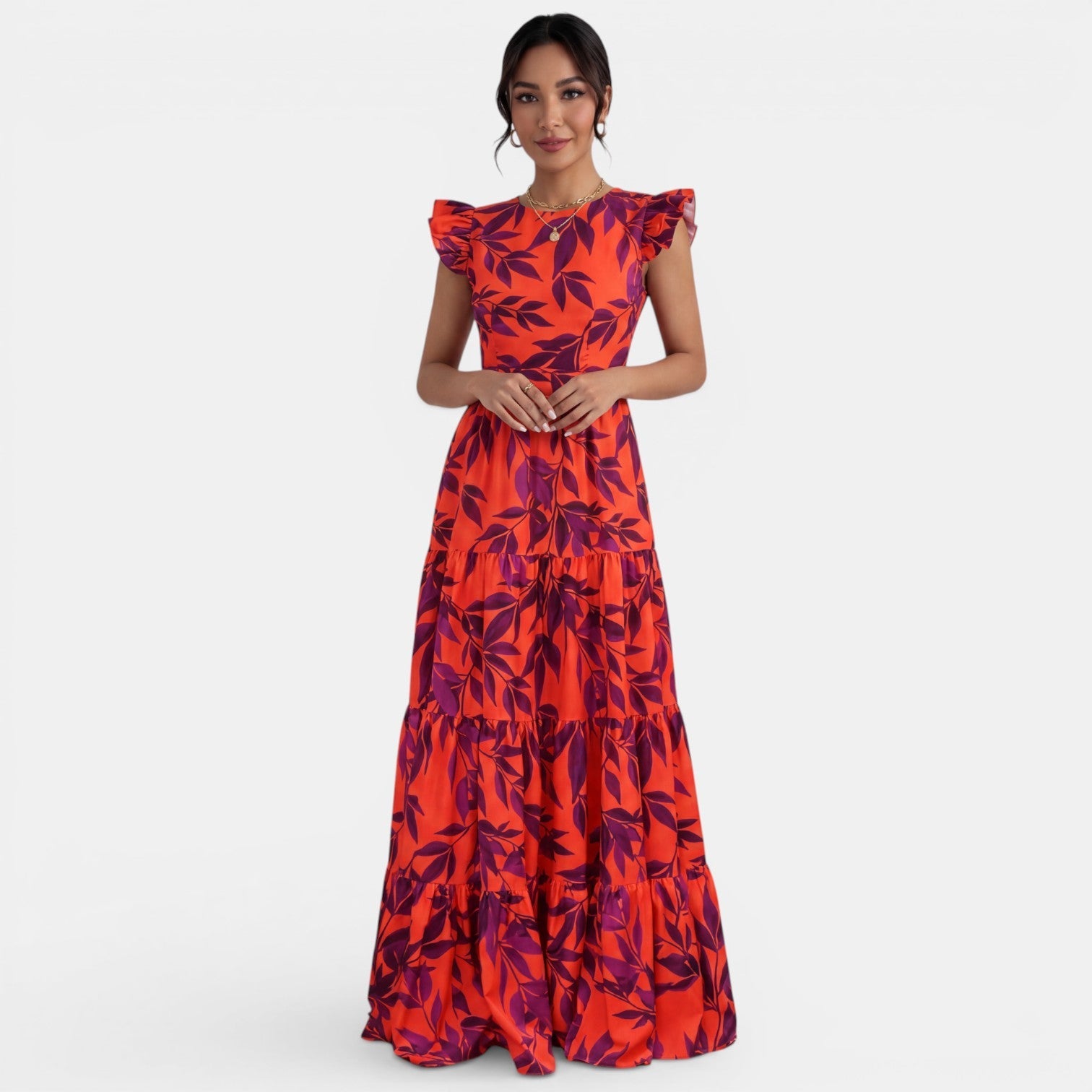 Clara – Robe longue imprimée à volants coupe évasée