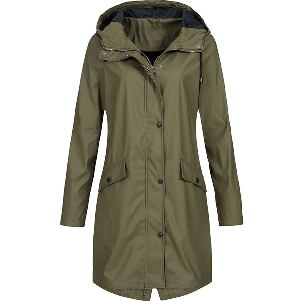 Manteau de pluie femme long imperméable à capuche coupe trapèze avec fente au dos 4