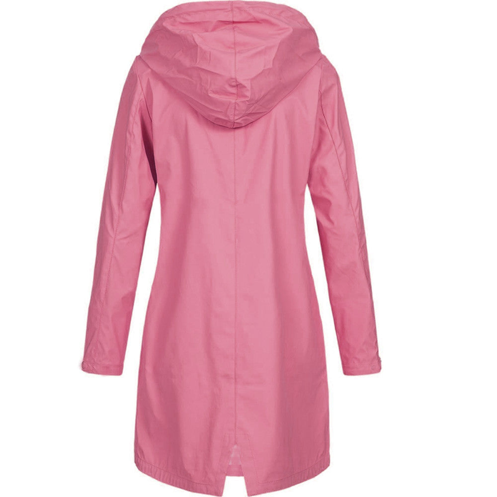 Manteau de pluie femme long imperméable à capuche coupe trapèze avec fente au dos 7