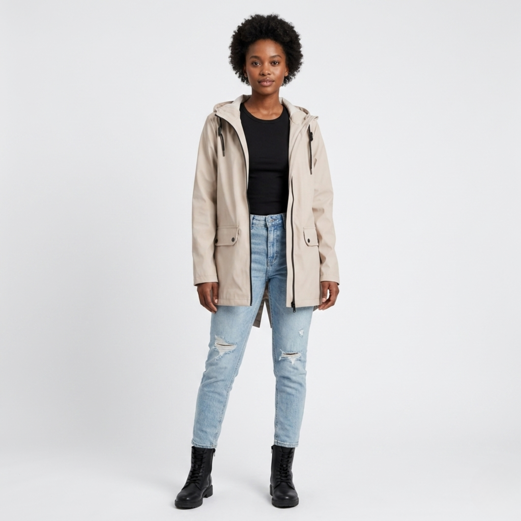 Manteau de pluie femme long imperméable à capuche réglable et poches à rabat 1