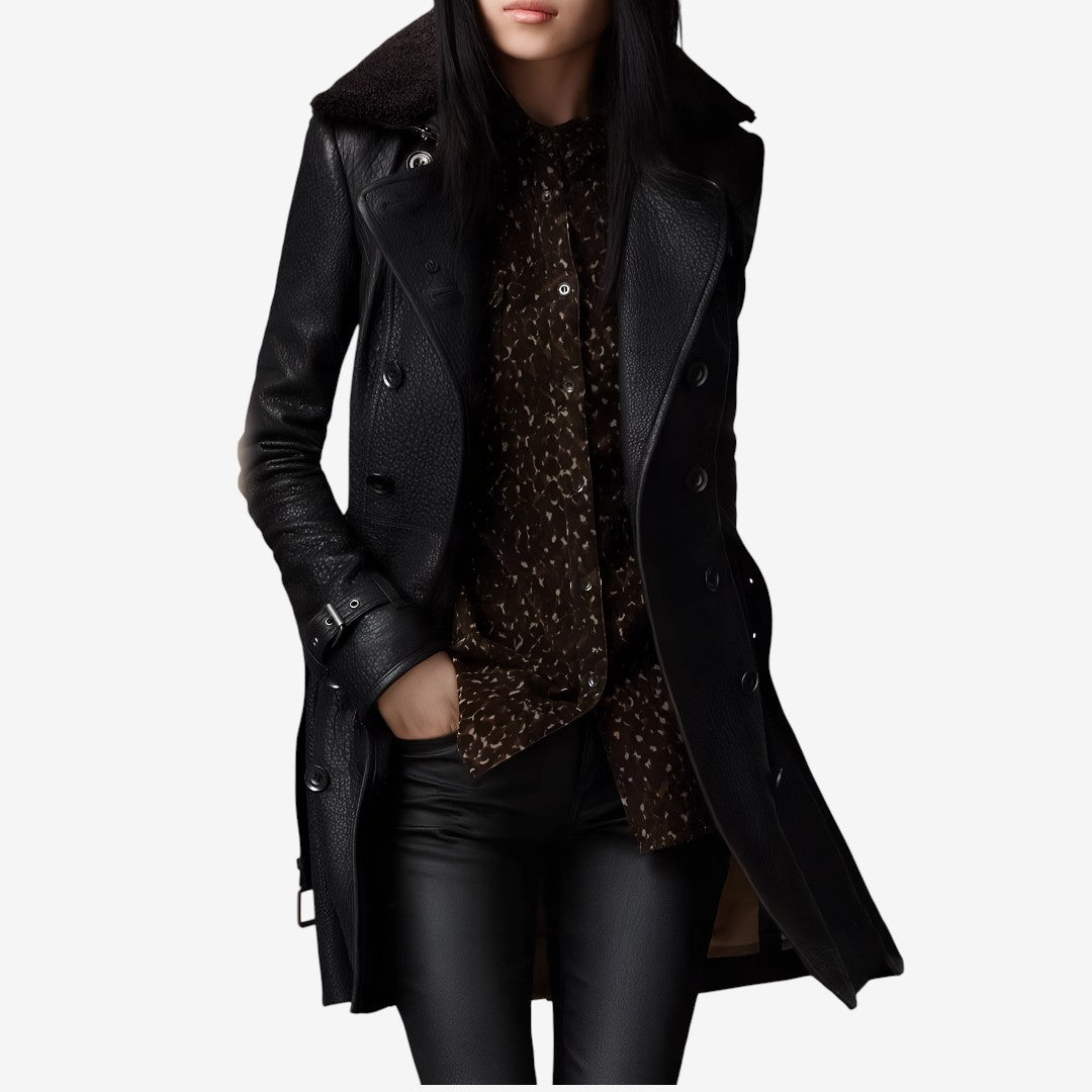 Manteau en cuir femme long d'hiver à col en peau lainée 1