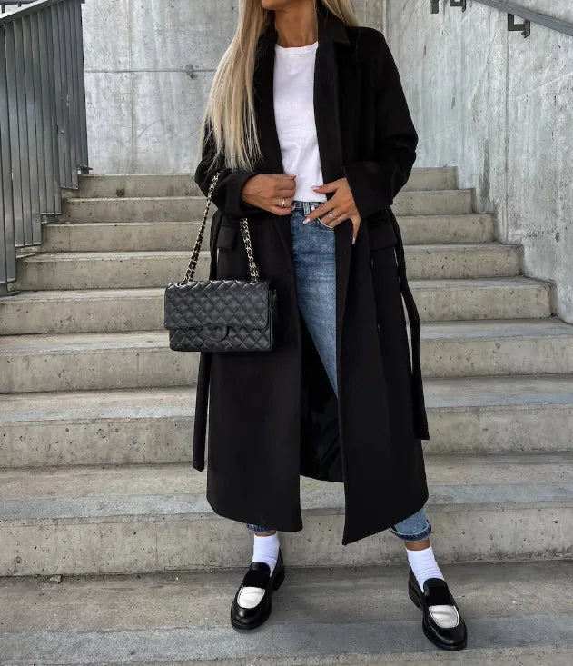 Manteau femme long ceinturé à revers et double boutonnage 4