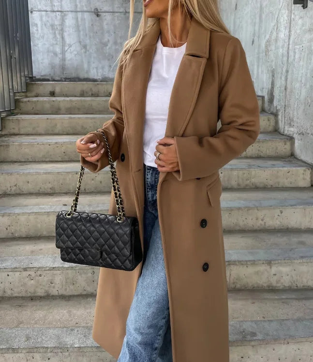 Manteau femme long ceinturé à revers et double boutonnage 5