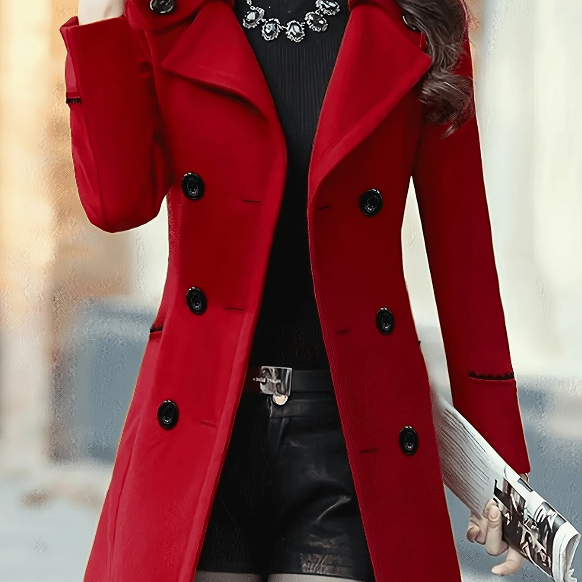 Manteau femme mi-long cintré à col à revers et double boutonnage 11