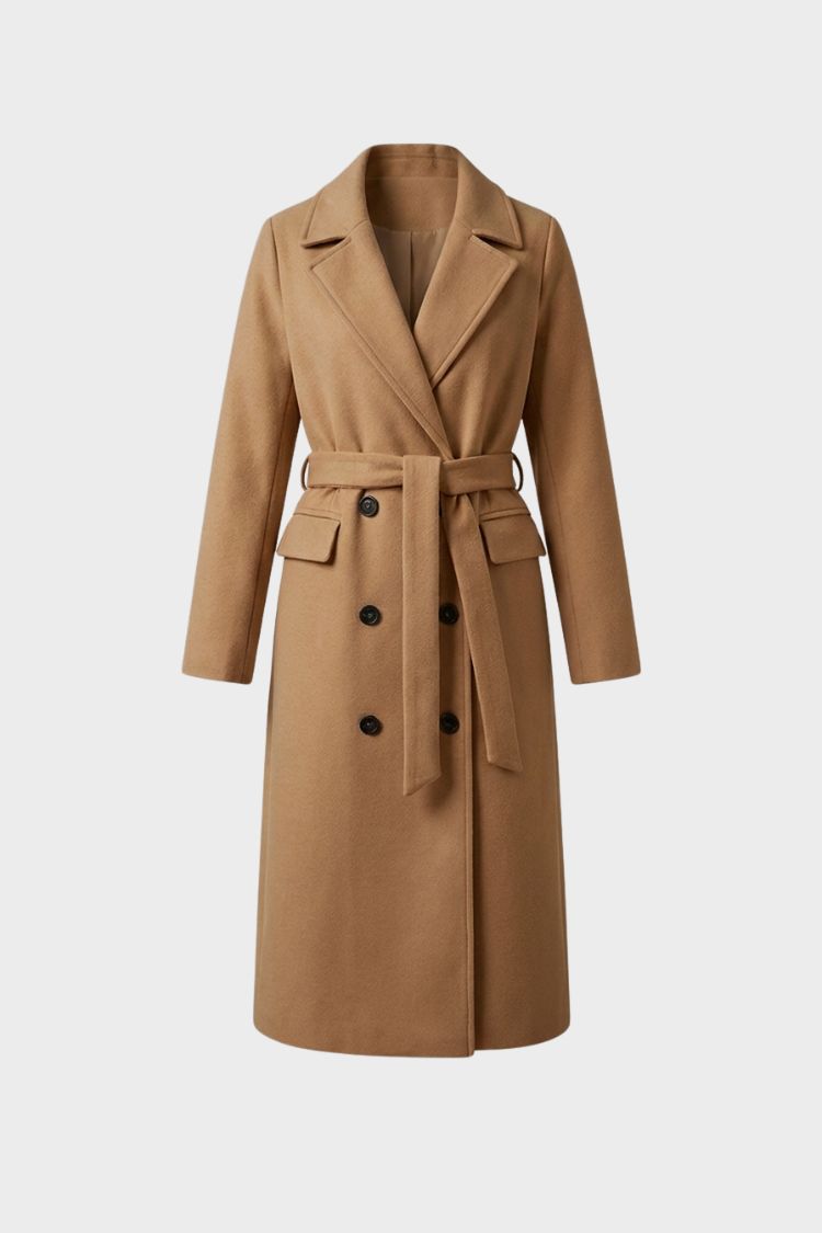Manteau long femme en laine ceinturé à col cranté 2
