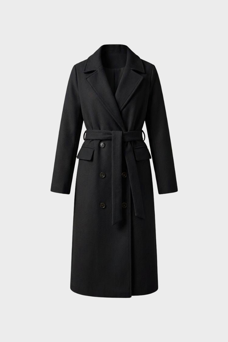 Manteau long femme en laine ceinturé à col cranté 5