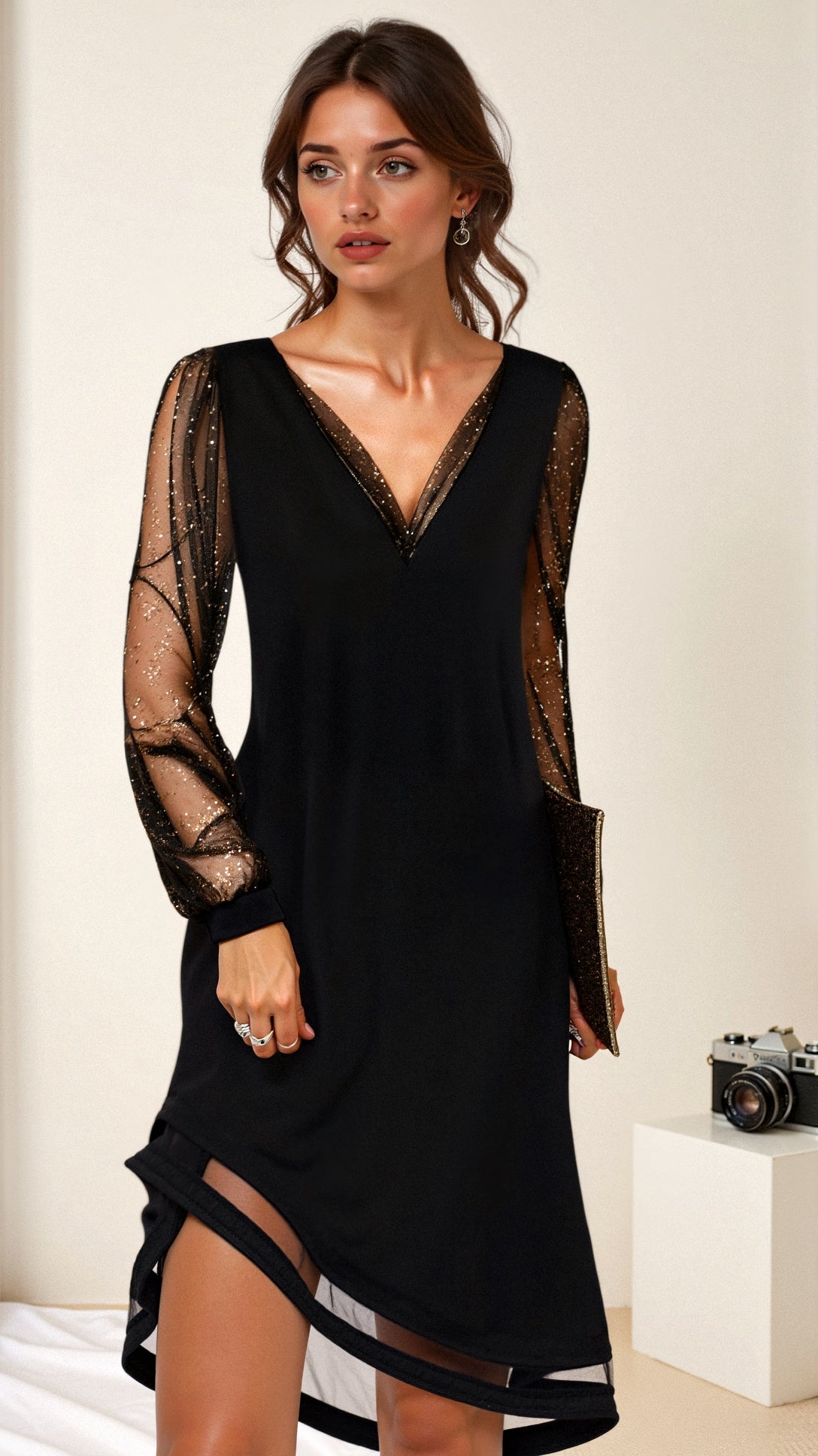 Solène – Robe midi de soirée à manches transparentes femme