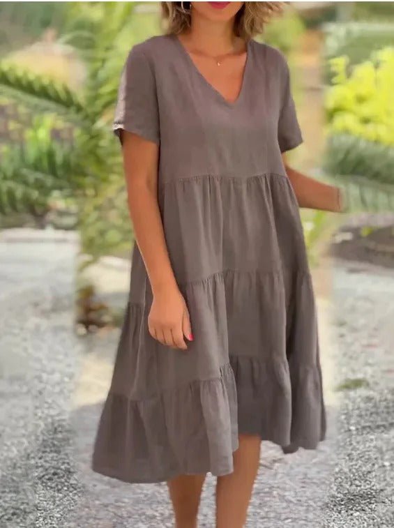 Émilie – Robe midi à jupe évasée et col en V femme