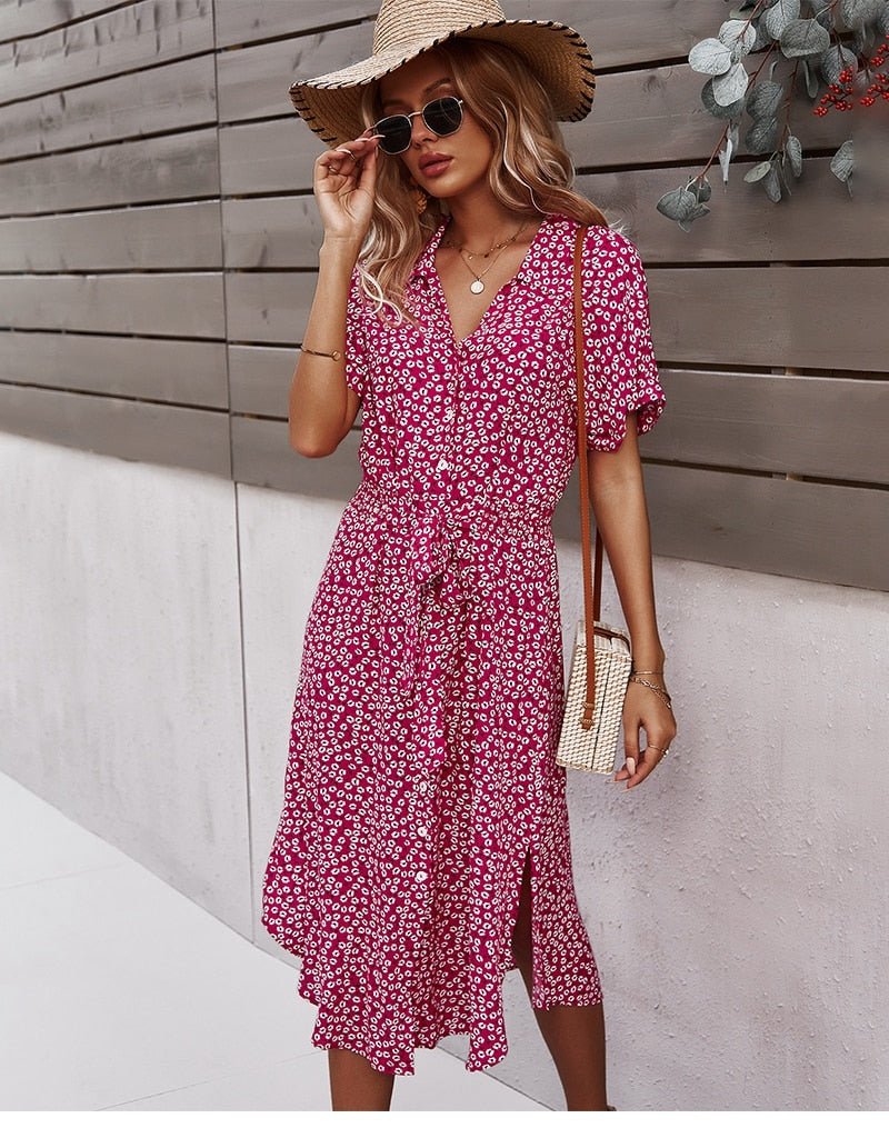 Margaux – Robe midi à ceinture et motif floral femme
