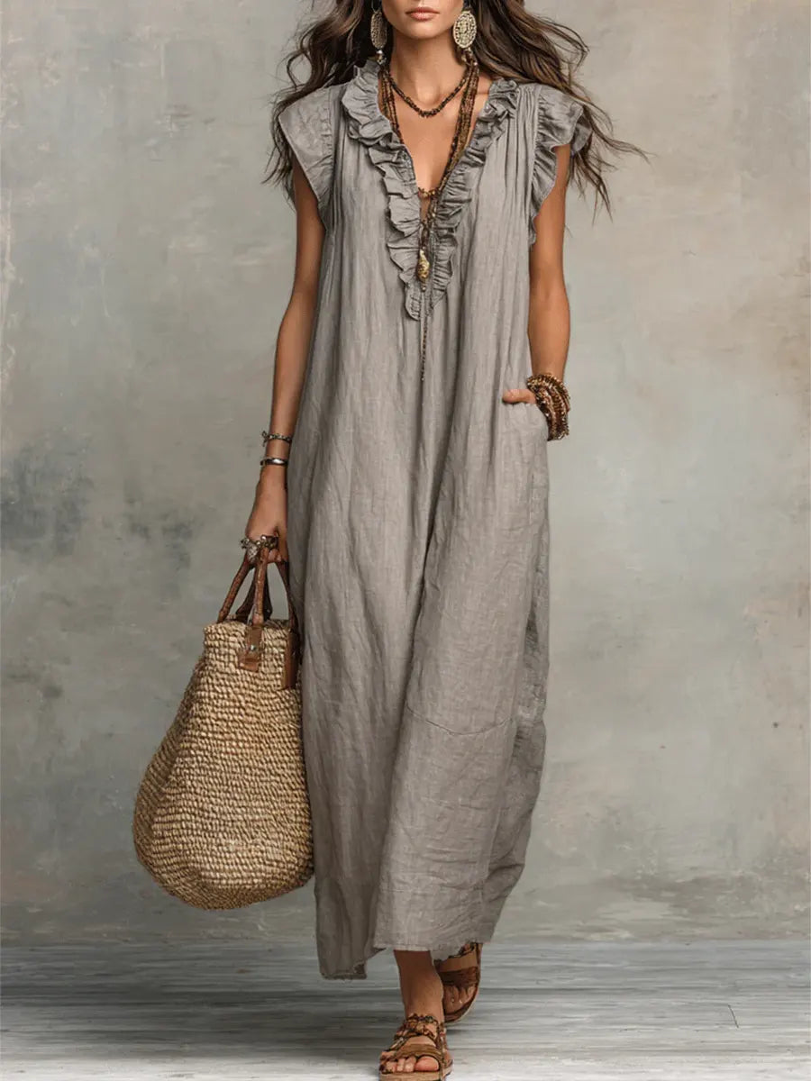 Robe longue bohème fluide en lin et coton