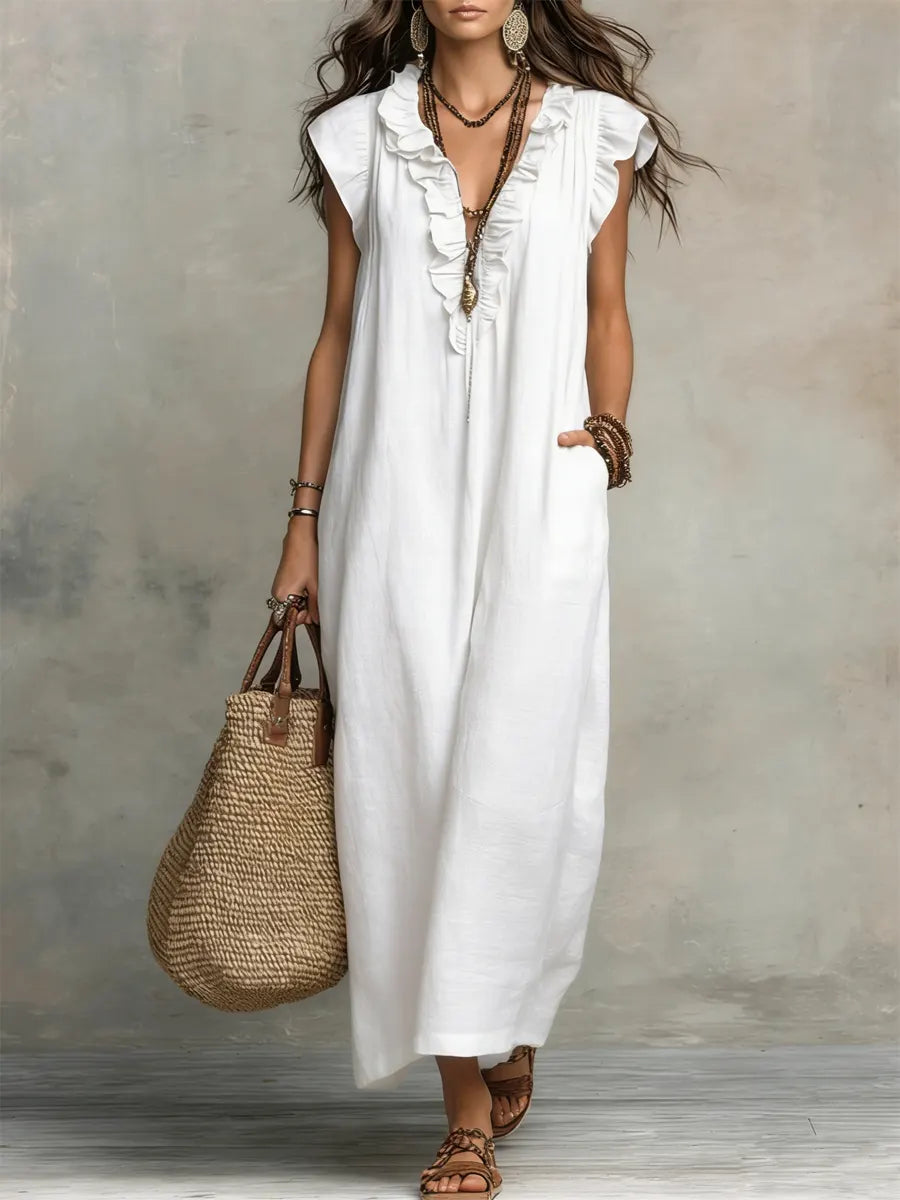 Robe longue bohème fluide en lin et coton
