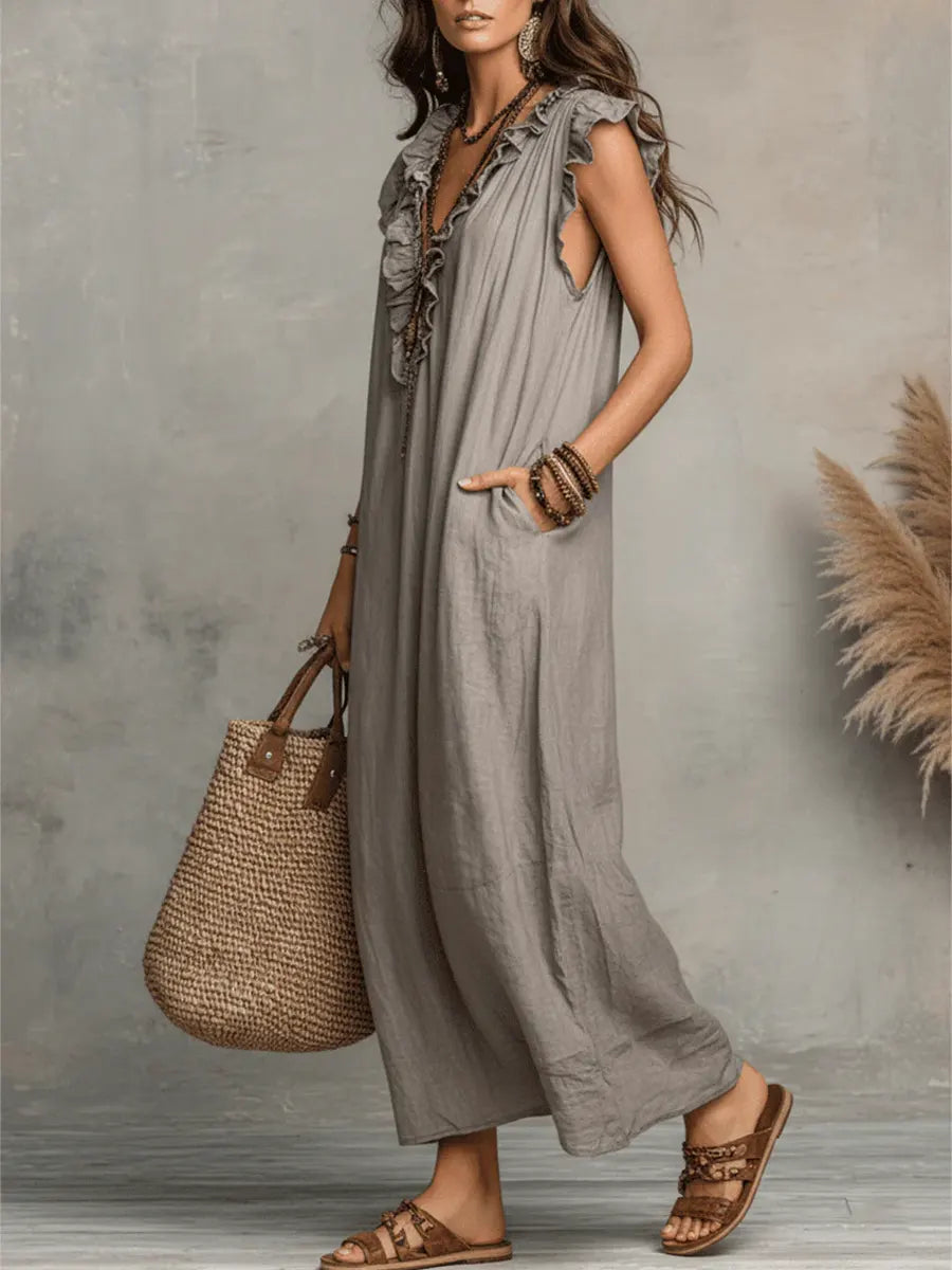 Robe longue bohème fluide en lin et coton