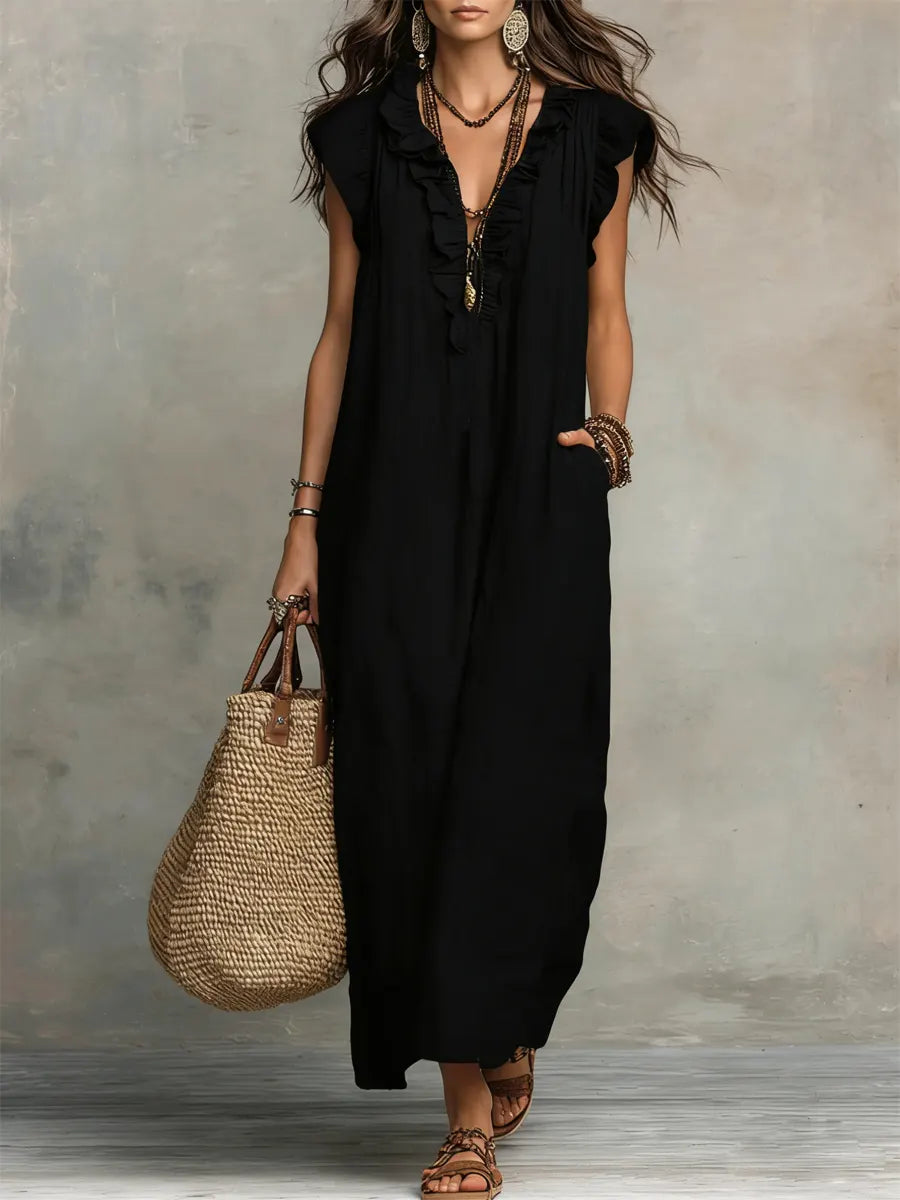 Robe longue bohème fluide en lin et coton