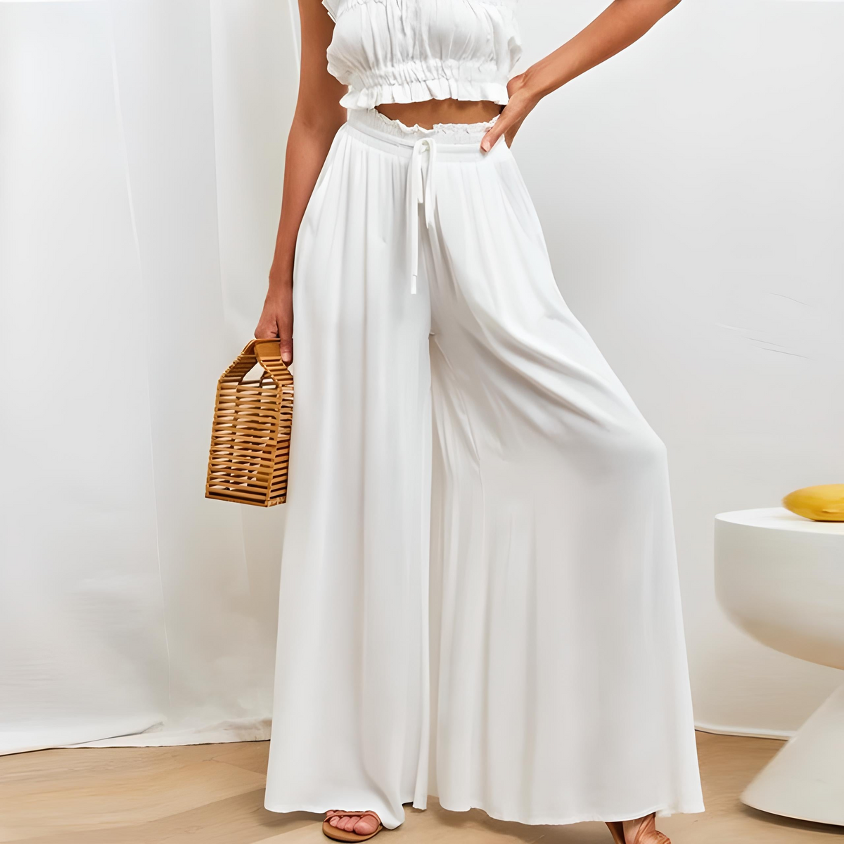 Pantalon large femme taille haute à ceinture élastiquée et cordon 2