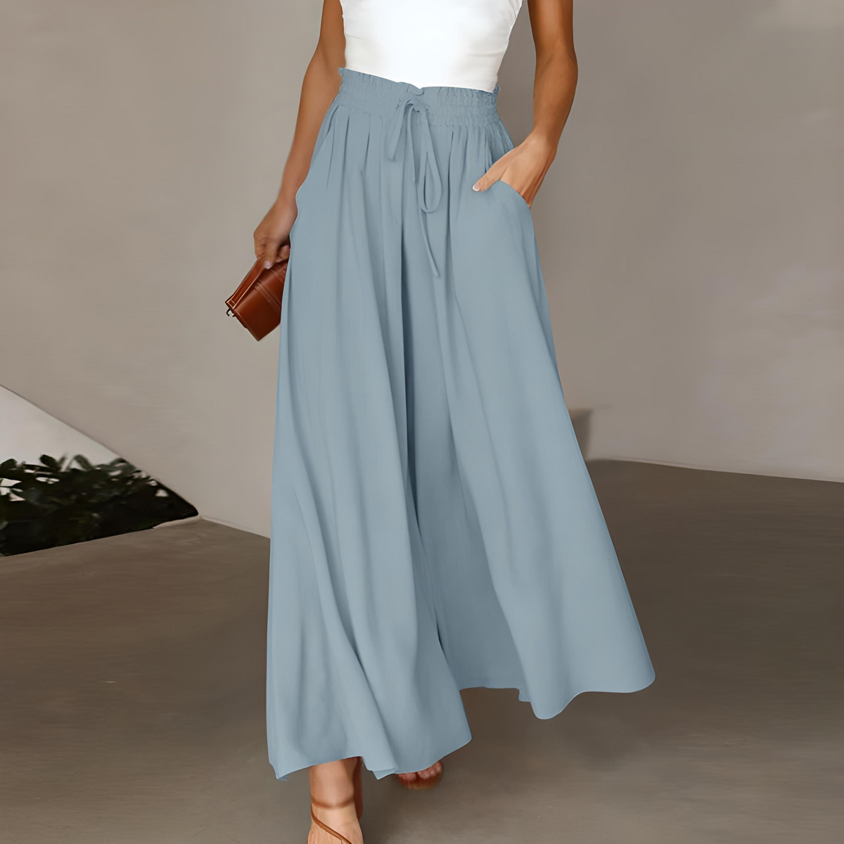 Pantalon large femme taille haute à ceinture élastiquée et cordon 5