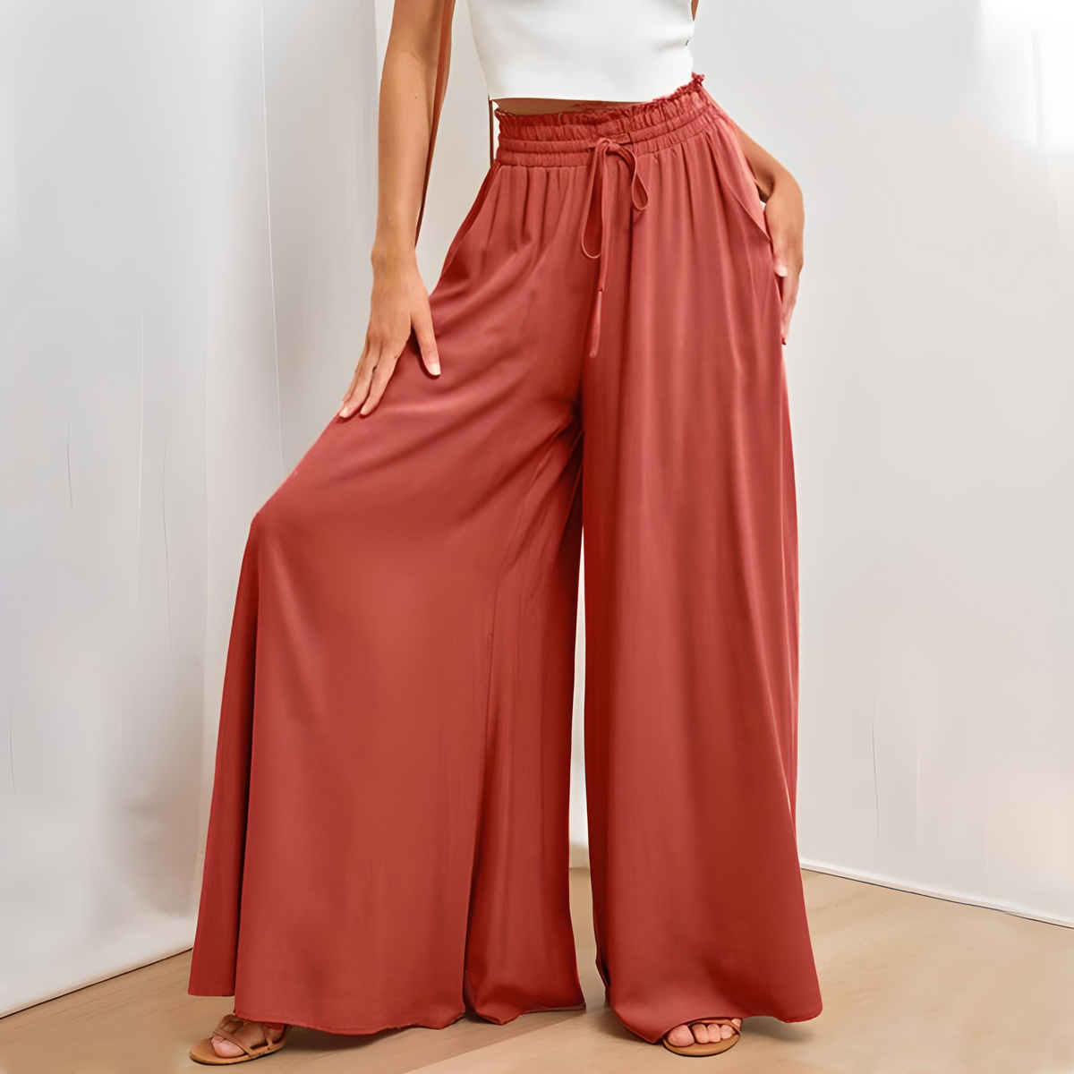 Pantalon large femme taille haute à ceinture élastiquée et cordon 7