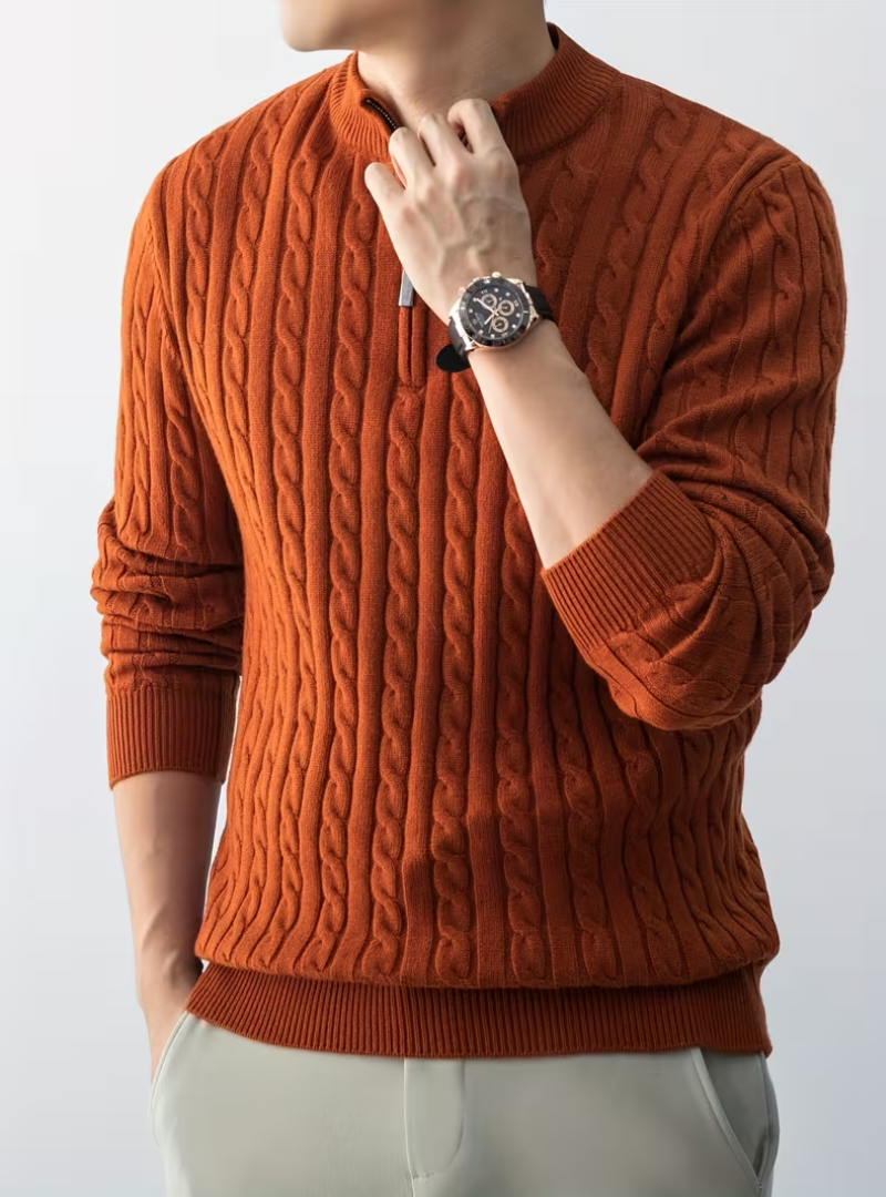 Pull col montant zippé homme en maille torsadée 8