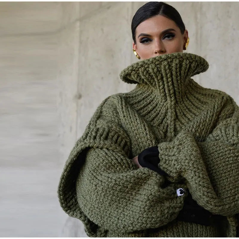 Pull col roulé femme oversize en grosse maille épaisse 9