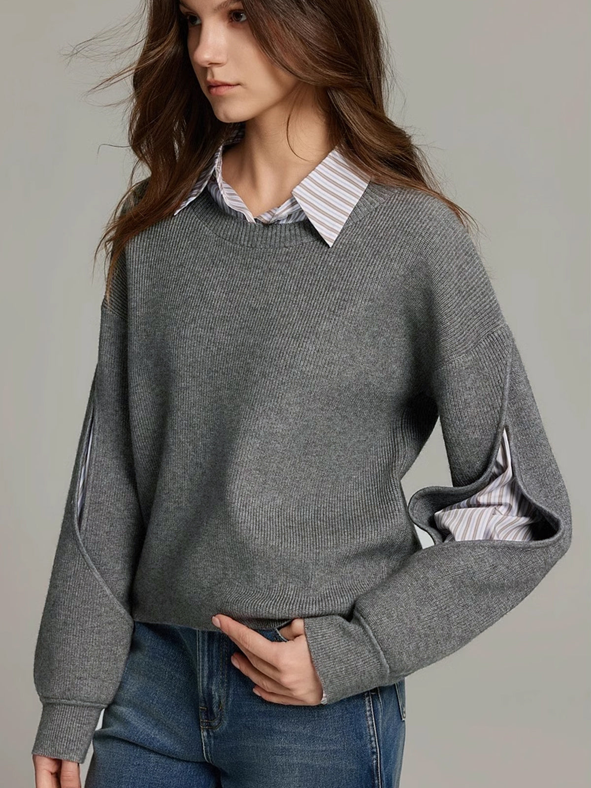 Pull côtelé femme effet superposé 2 en 1 col rond manches longues 2