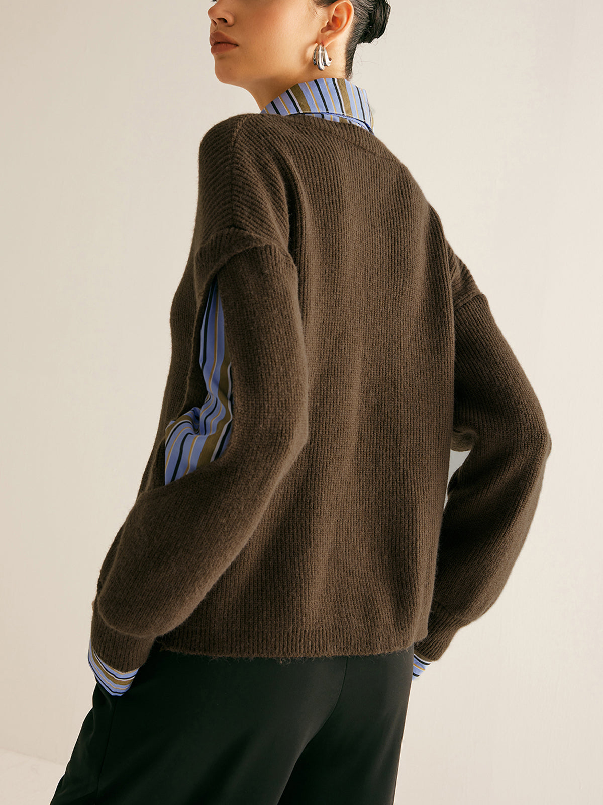 Pull côtelé femme effet superposé 2 en 1 col rond manches longues 5