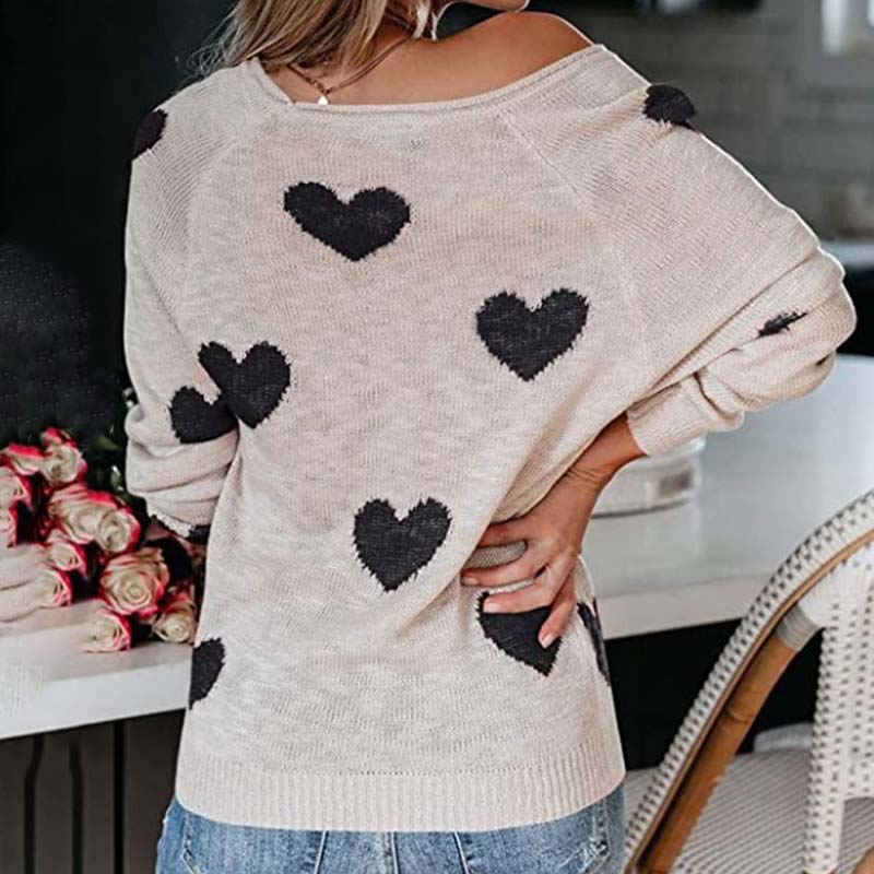 Pull en maille femme à motif coeur col V manches longues 15