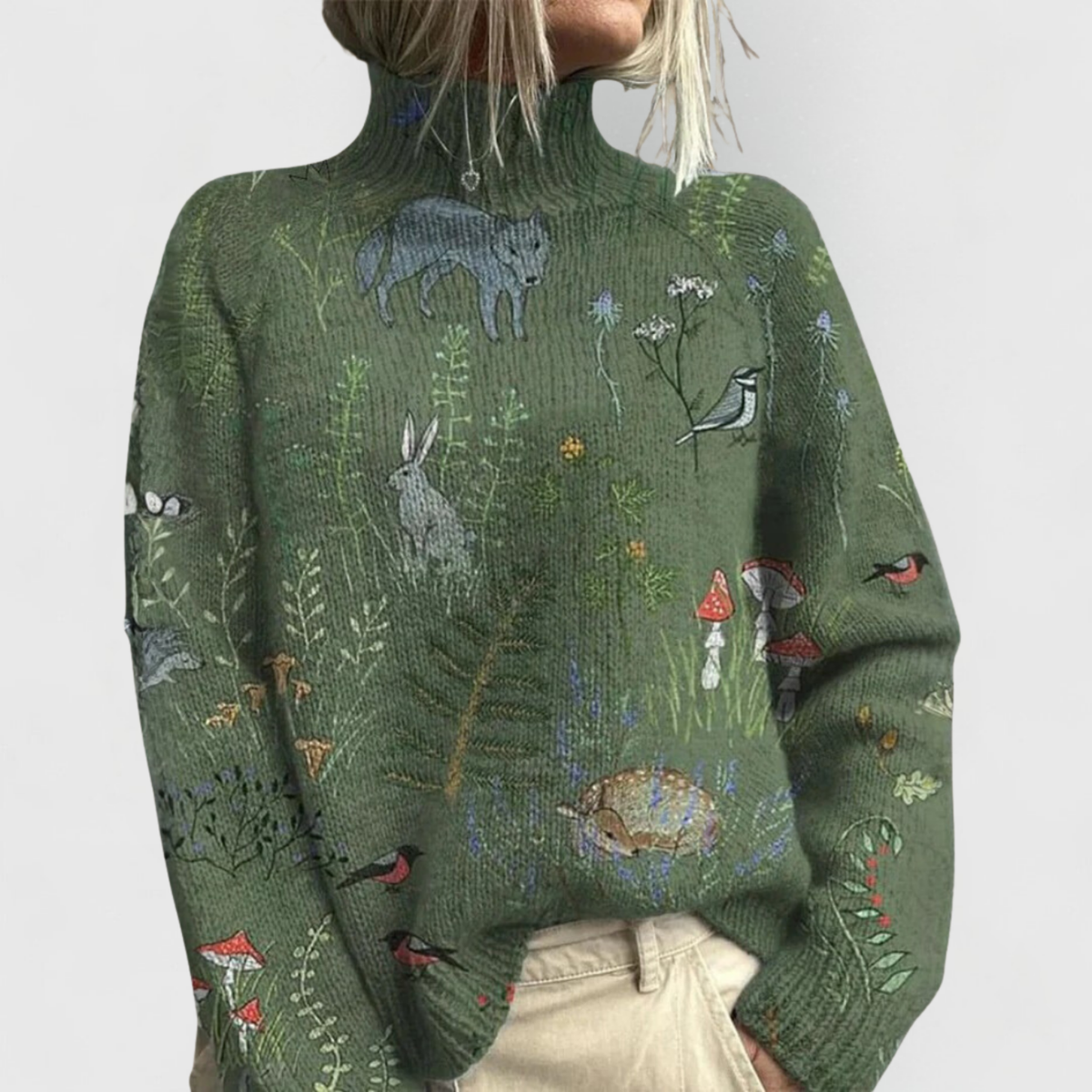 Pull femme à col roulé en maille à imprimé forêt 1