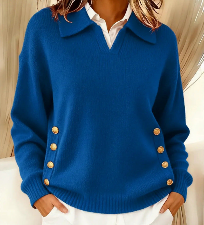 Pull femme col polo à boutons dorés manches longues 1