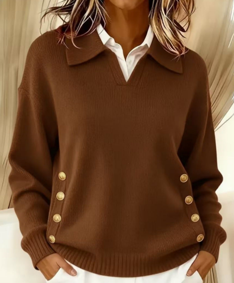 Pull femme col polo à boutons dorés manches longues 2