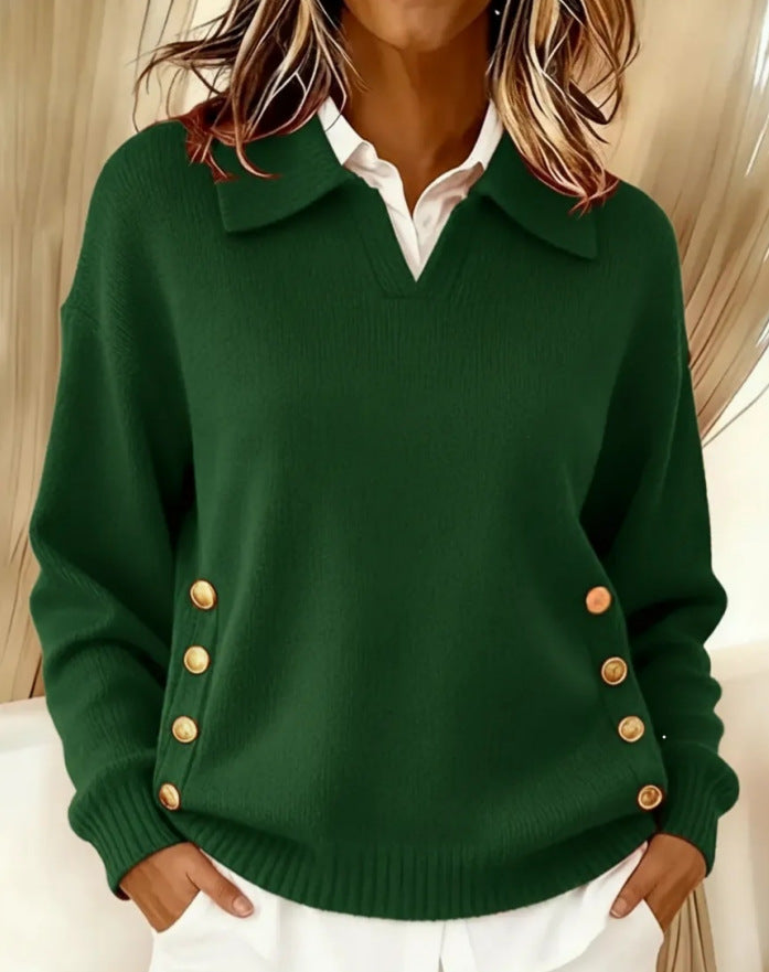 Pull femme col polo à boutons dorés manches longues 5