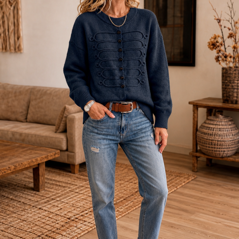 Pull femme en maille à col rond avec détails en cordon et boutons 2