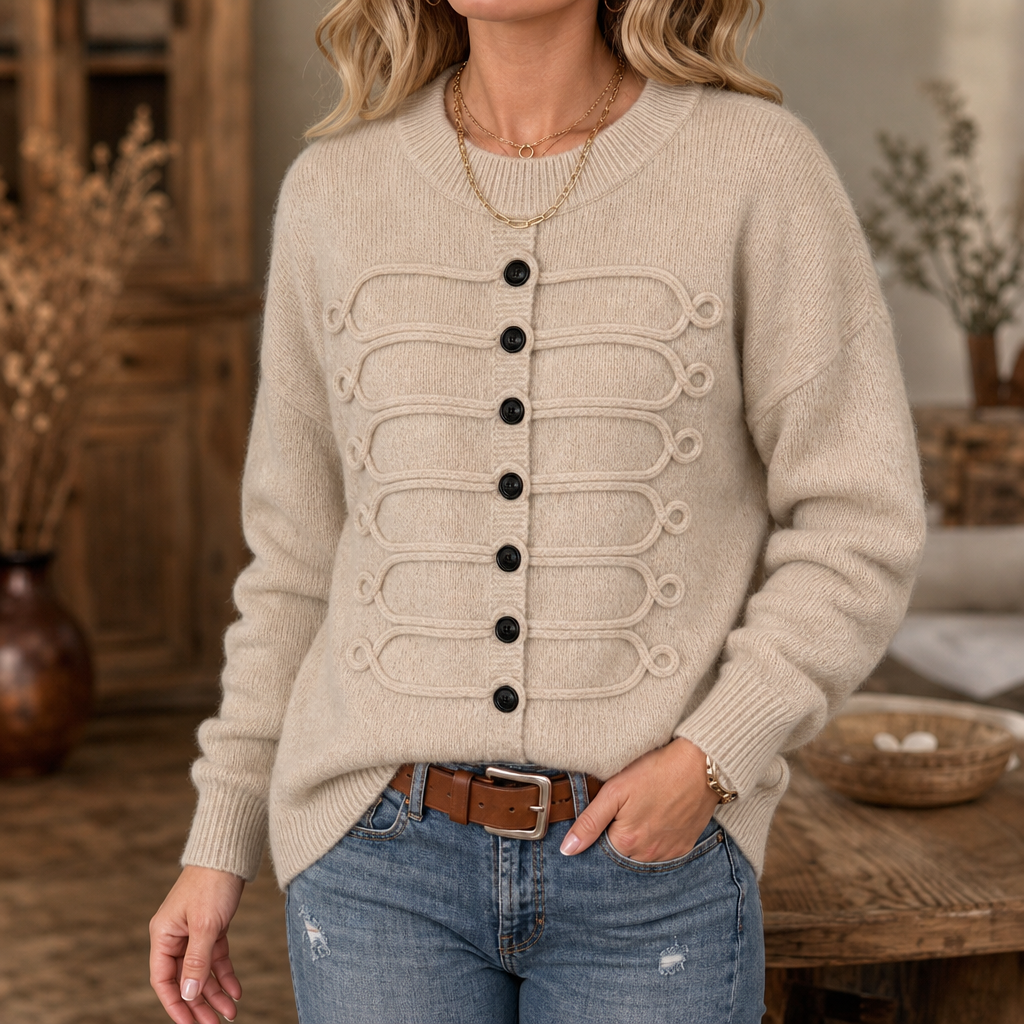 Pull femme en maille à col rond avec détails en cordon et boutons 5