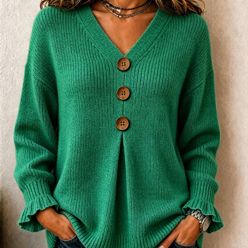 Pull femme en maille à col V boutonné manches longues 4