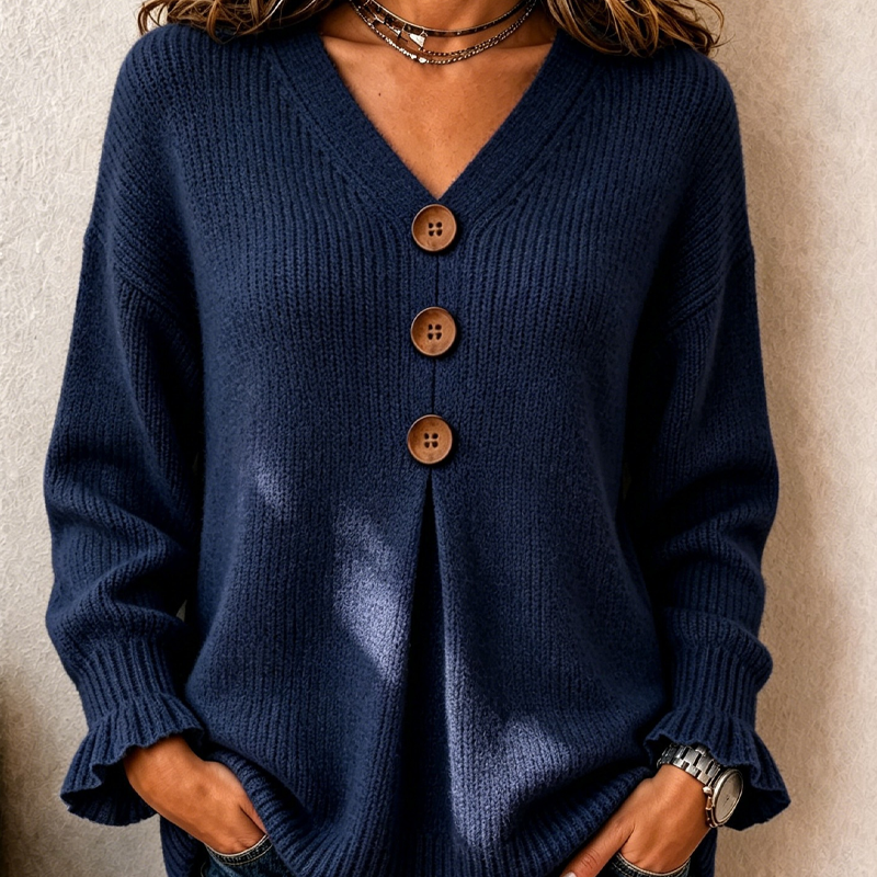 Pull femme en maille à col V boutonné manches longues 6