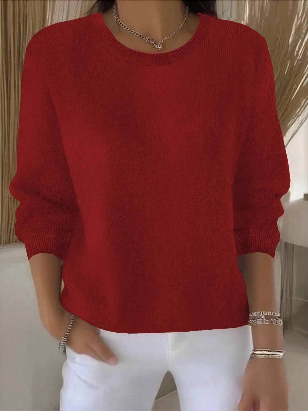 Pull femme en maille côtelée à col rond et manches longues 7