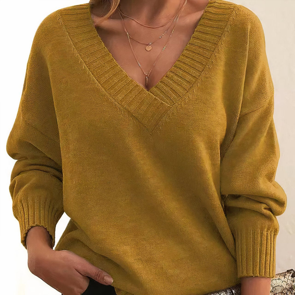 Pull femme en maille de laine à col en V et manches longues 6
