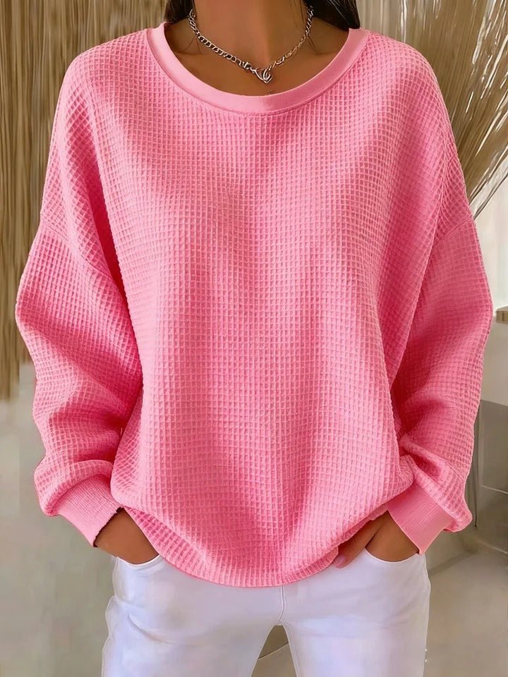 Pull femme oversize en tricot gaufré à col rond et manches longues 10