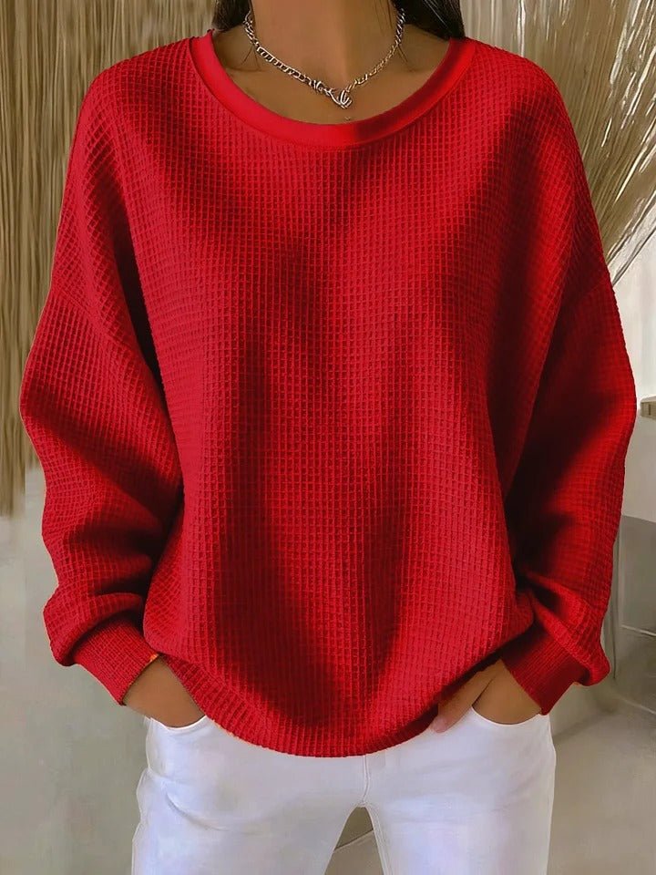 Pull femme oversize en tricot gaufré à col rond et manches longues 2