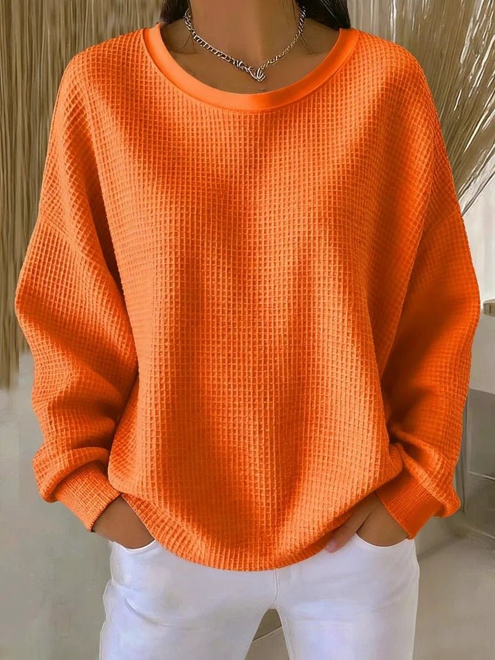 Pull femme oversize en tricot gaufré à col rond et manches longues 8