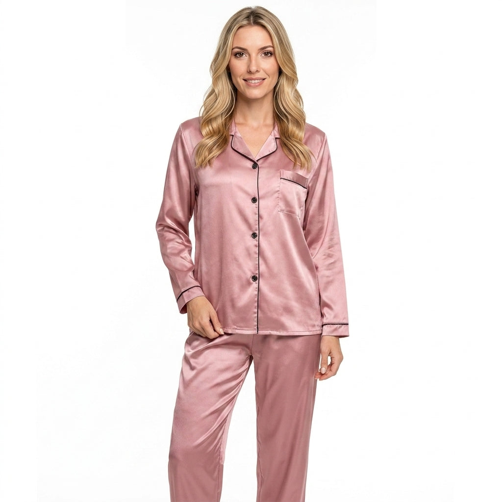 Pyjama femme boutonné à col tailleur et passepoil contrastant 2